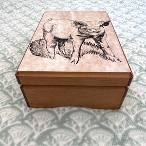 Musical Wooden Jewelry Box Featuring a Picture of a Pig. Excellent Condition!